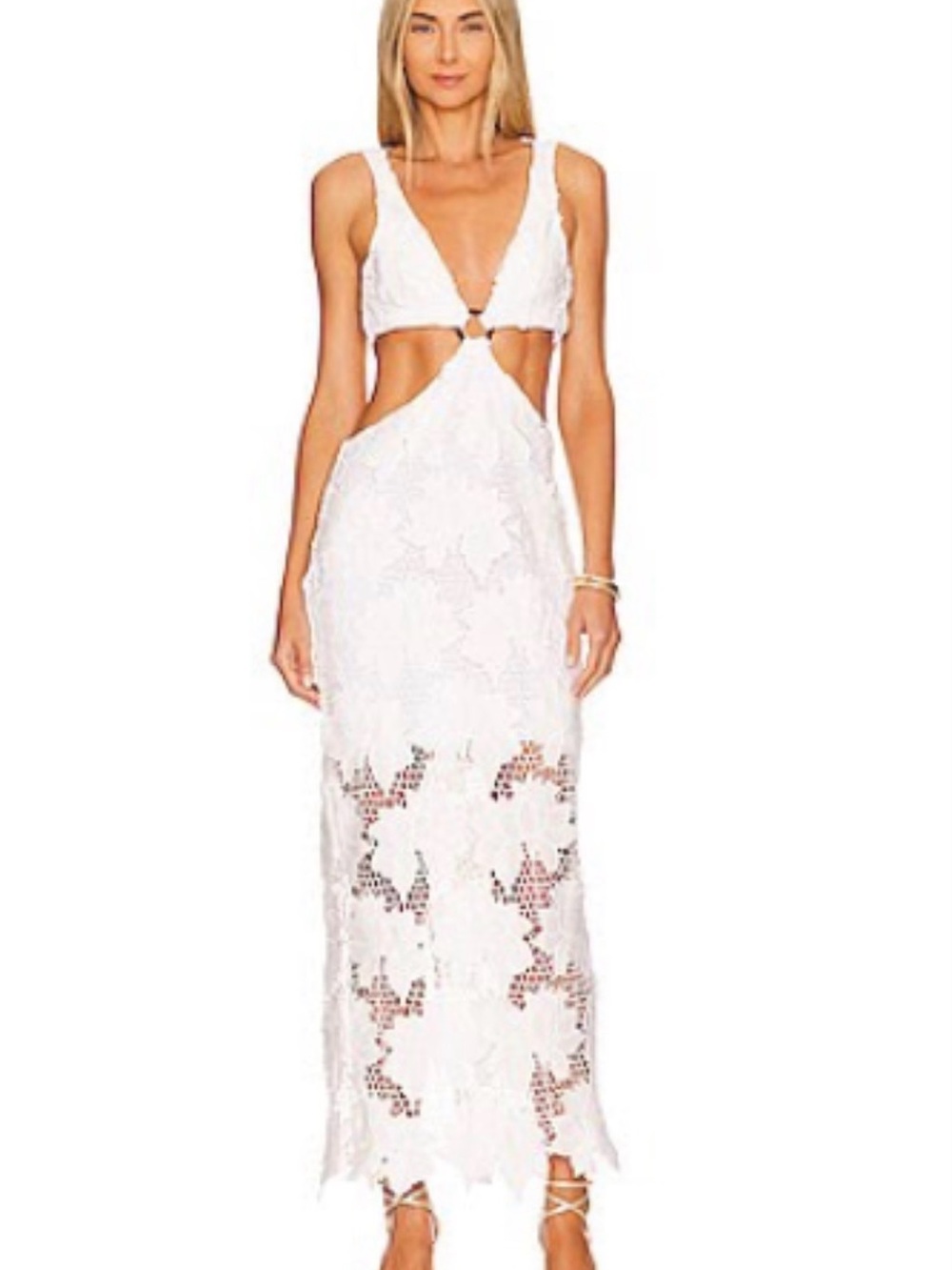 White Lace Cutout Maxi Dress with Plunging Neckline